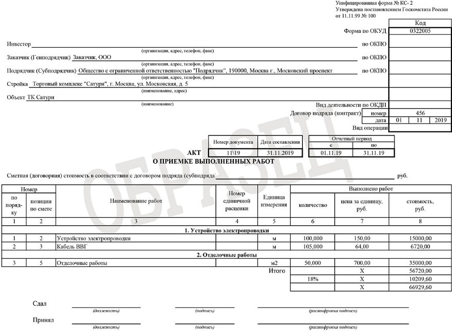 Образец акта выполненных работ по форме кс 2